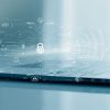 Laptop with padlock. Password and scanning unlock and access to business data network. Cloud. Biometric identification and cyber security protect business transaction from online digital cyber attack.