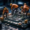 Technician Team Figurines Conducting Computer Motherboard Maintenance, Embracing the Potential of Generative AI Technology. Generative AI