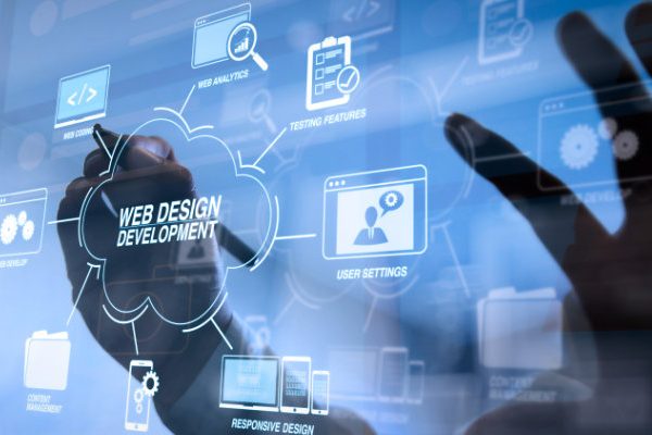 Developing programming and coding technologies with Website design in virtual diagram.cyber security internet and networking concept.Businessman hand working with VR screen padlock icon on mobile phone.